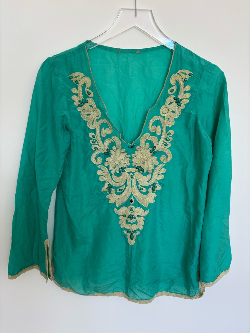 Embellished Teal V-Neck Women's Top